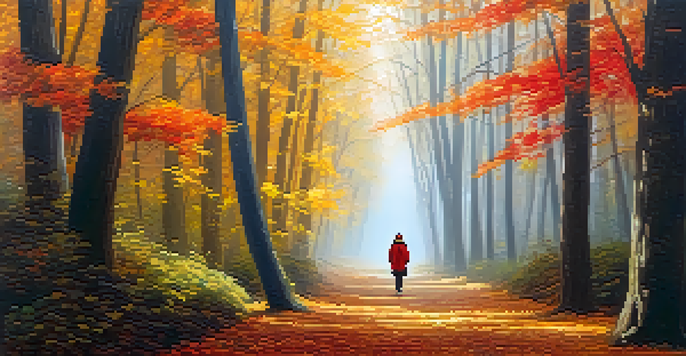A person walking through a colorful autumn forest, surrounded by falling leaves and dappled sunlight.