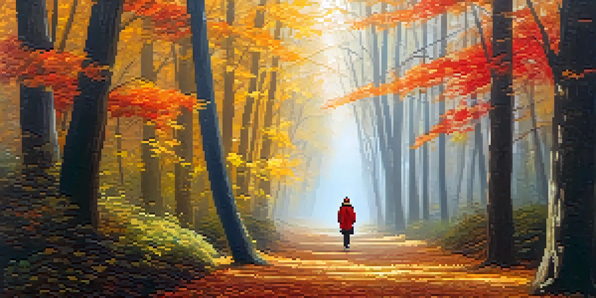 A person walking through a colorful autumn forest, surrounded by falling leaves and dappled sunlight.