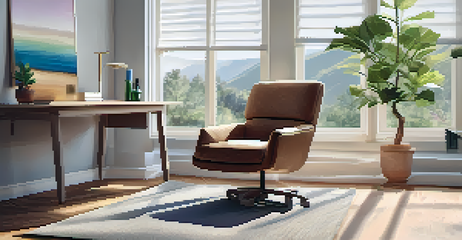 A cozy relaxation corner in an office with a chair, essential oils, and natural light.
