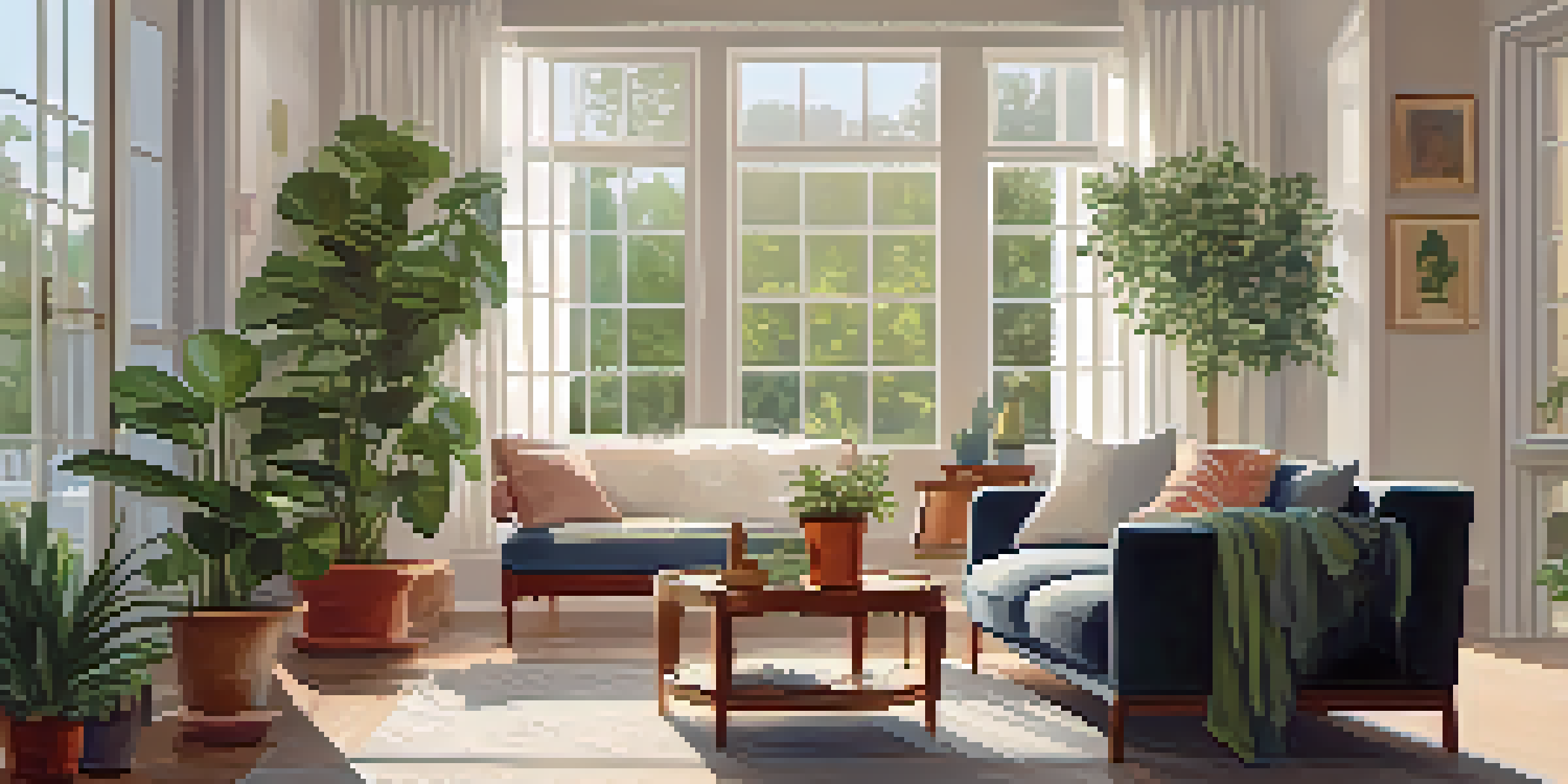 A cozy living room with soft sunlight, a diffuser, and potted plants, creating a serene atmosphere.