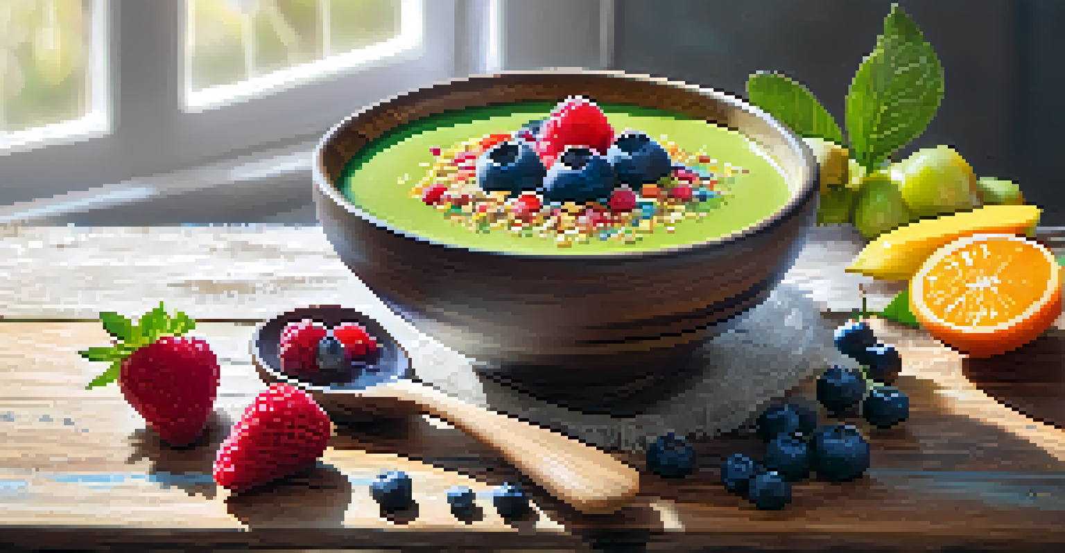 A colorful smoothie bowl topped with fruits and adaptogenic powder, on a rustic wooden table with a spoon and jar in the background.