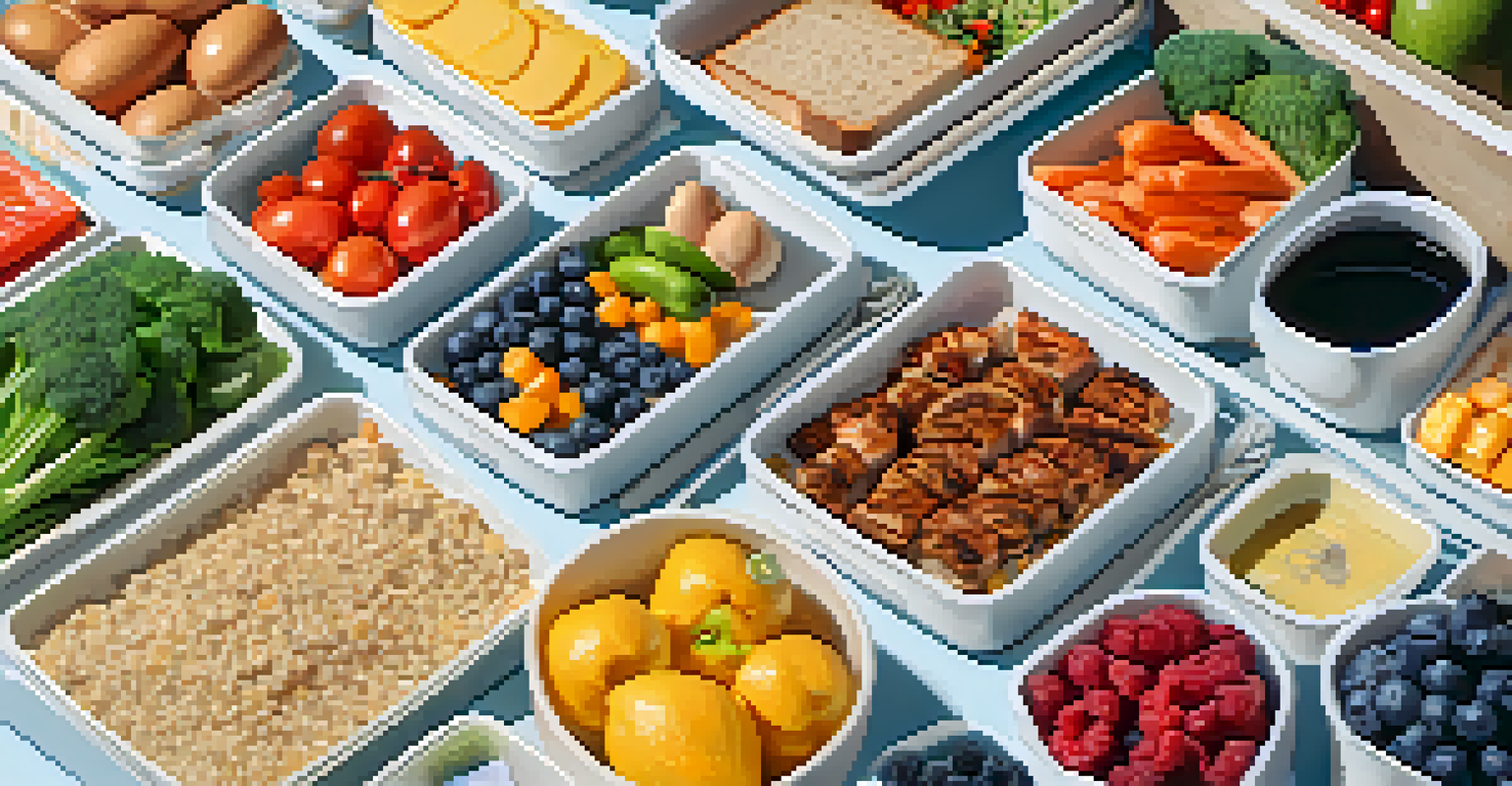 A meal prep setup with colorful balanced meals and a planner in a bright workspace.