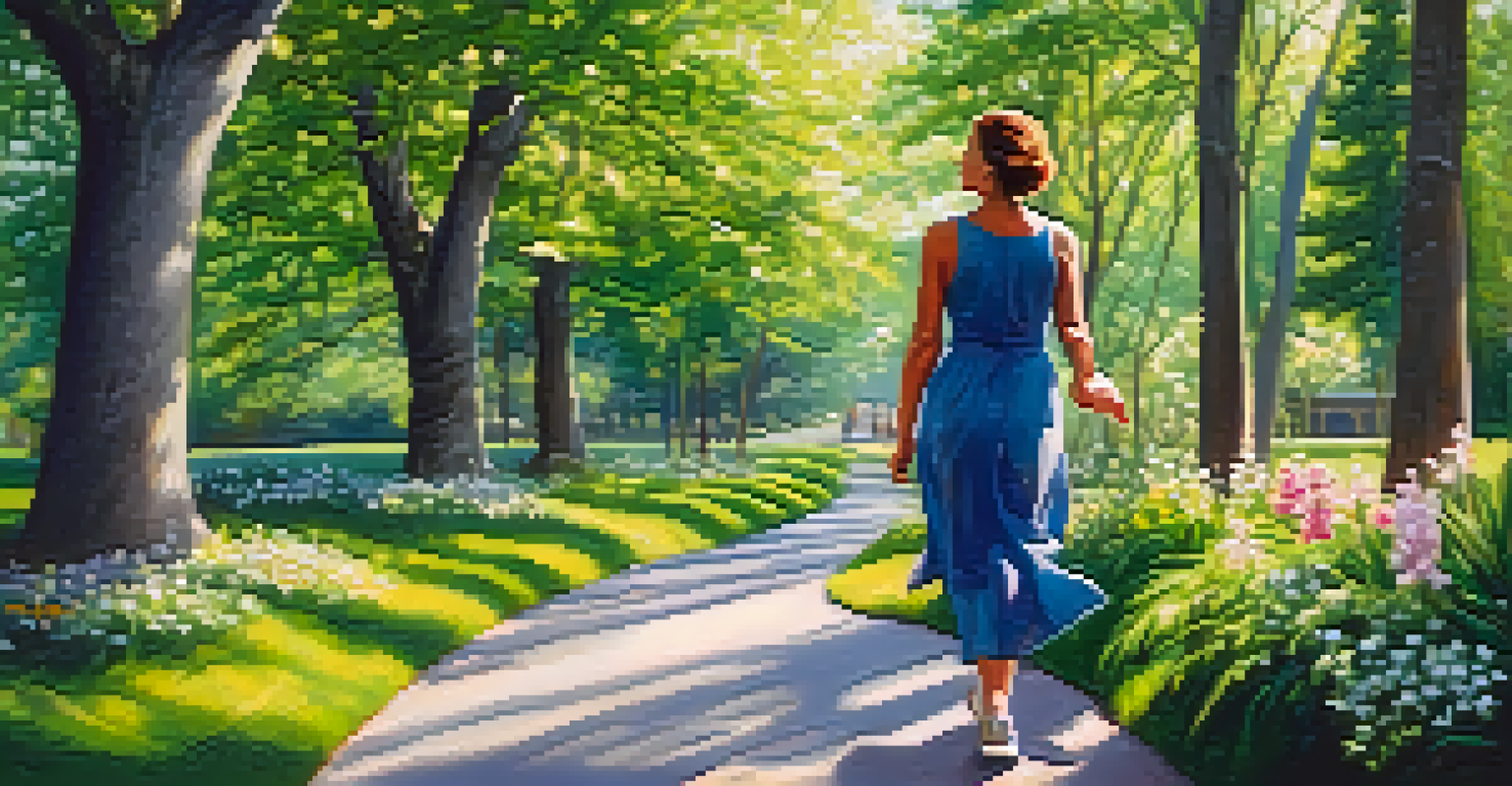 A woman walking joyfully in a green park filled with flowers and sunlight.
