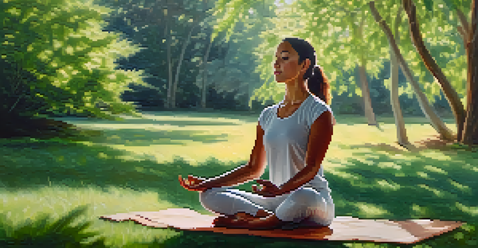A person practicing yoga outdoors in a peaceful setting, surrounded by greenery and sunlight.