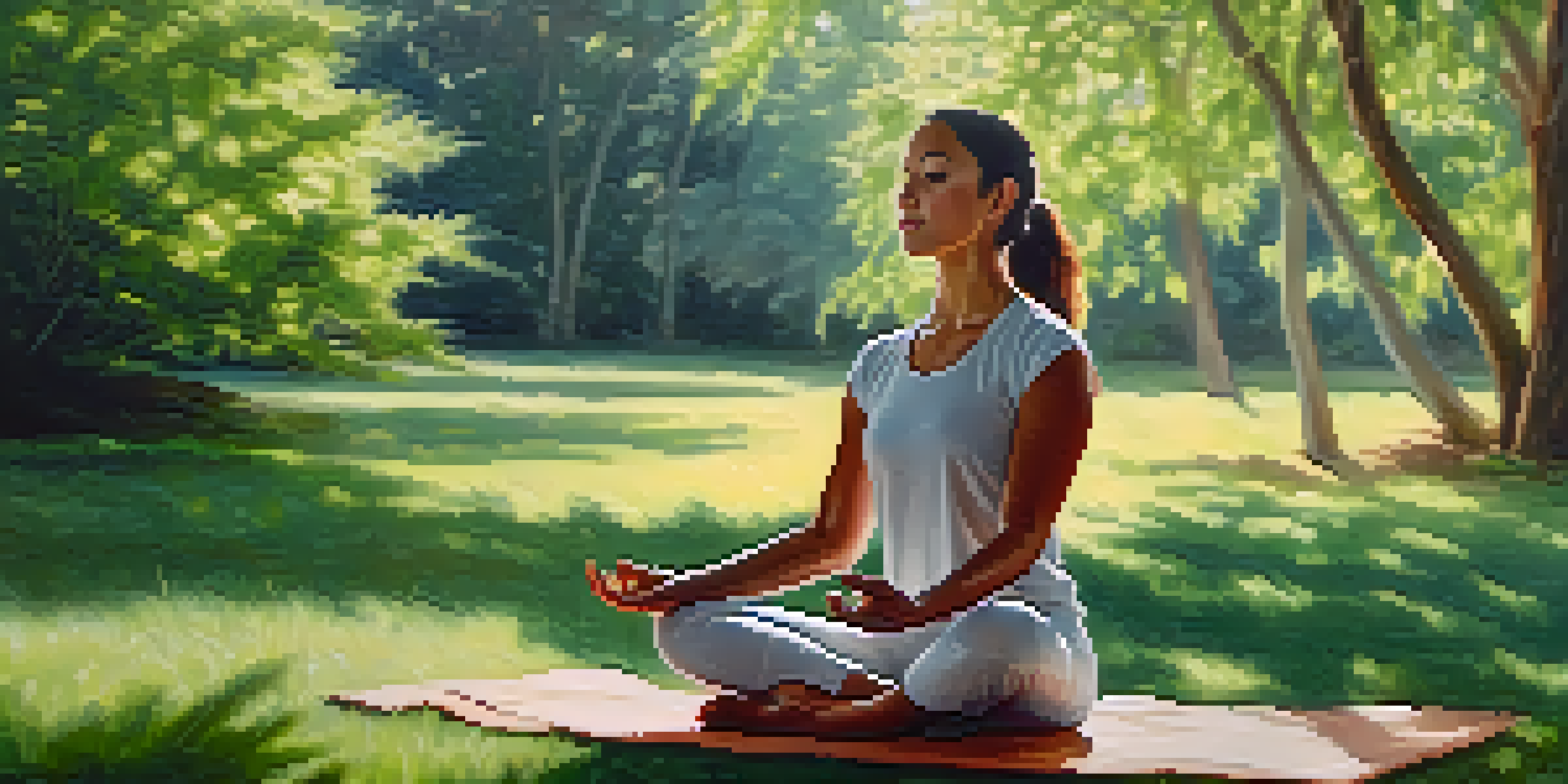 A person practicing yoga outdoors in a peaceful setting, surrounded by greenery and sunlight.