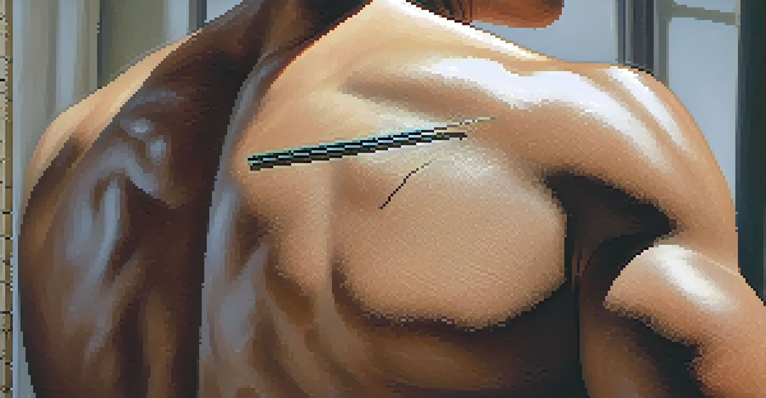 Close-up of acupuncture needles in an athlete's shoulder, showcasing muscle texture and natural light.