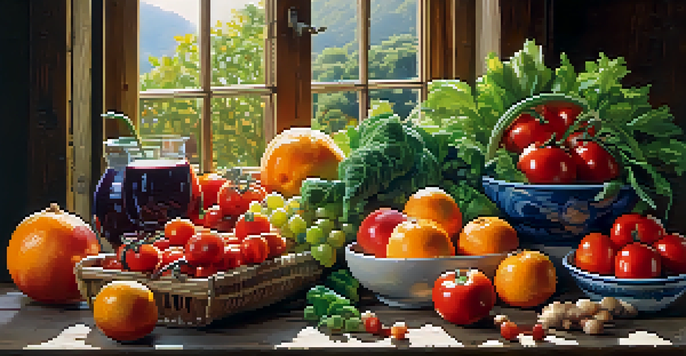 A variety of fresh fruits and vegetables displayed on a wooden table, illuminated by sunlight.
