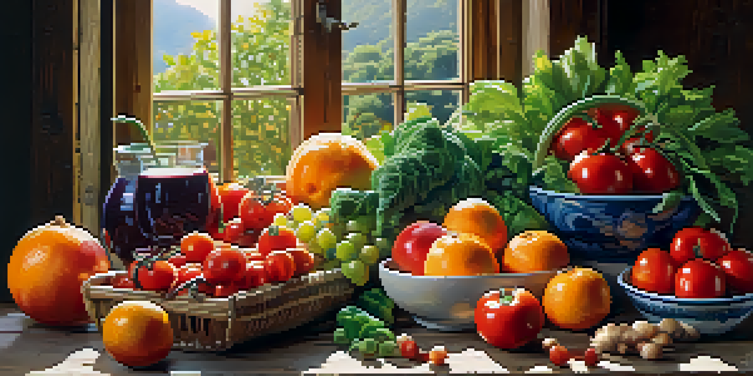 A variety of fresh fruits and vegetables displayed on a wooden table, illuminated by sunlight.