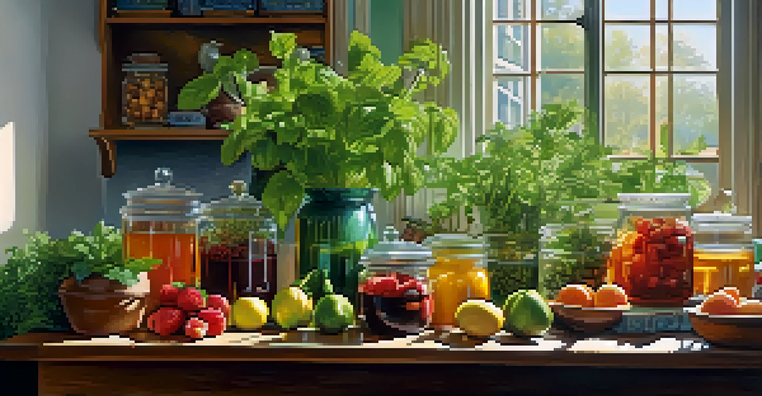 A kitchen table filled with fresh fruits, vegetables, and herbal teas, illuminated by sunlight.