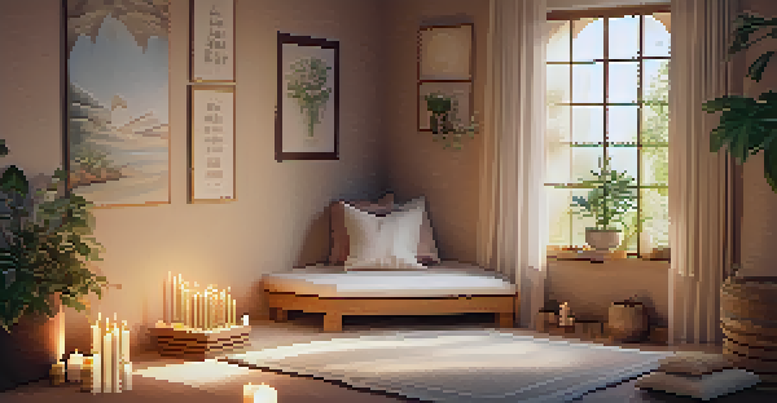 A cozy meditation corner indoors with soft cushions, candles, and a view of a peaceful garden.