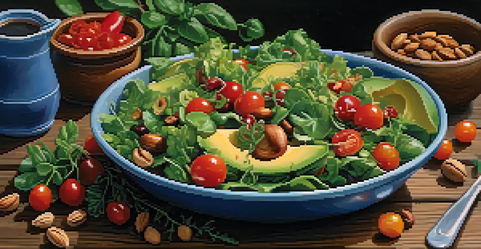A close-up of a colorful salad bowl filled with mixed greens, tomatoes, and avocado on a rustic wooden table, glistening with olive oil.