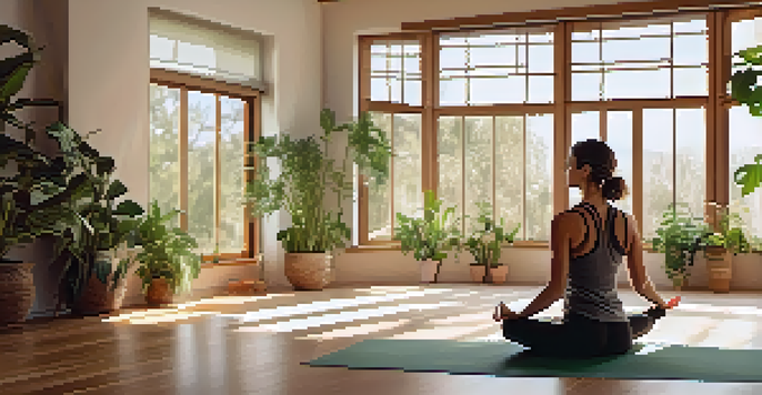 A person practicing mindfulness yoga in a bright and peaceful studio filled with plants and soft colors.
