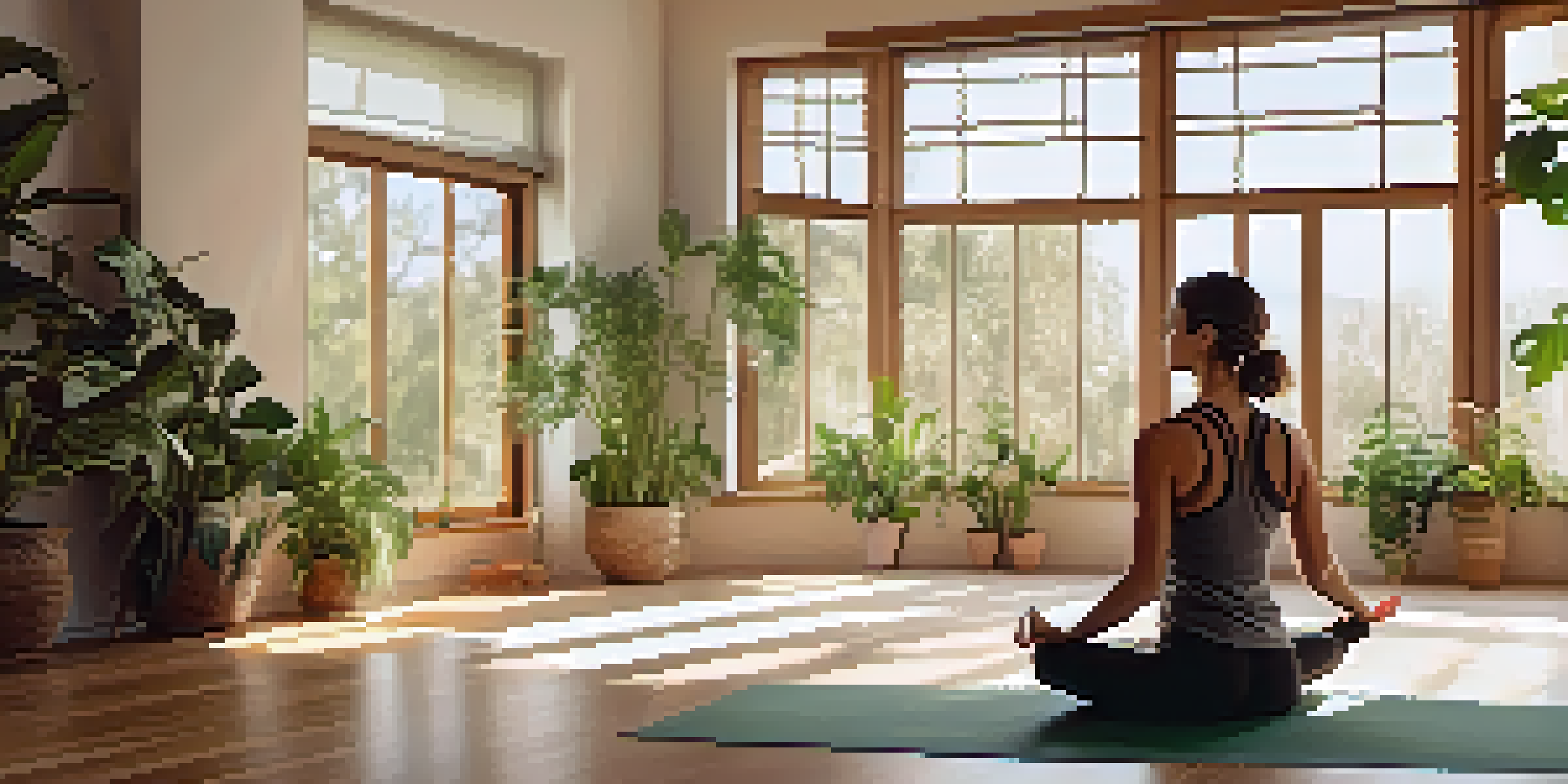 A person practicing mindfulness yoga in a bright and peaceful studio filled with plants and soft colors.