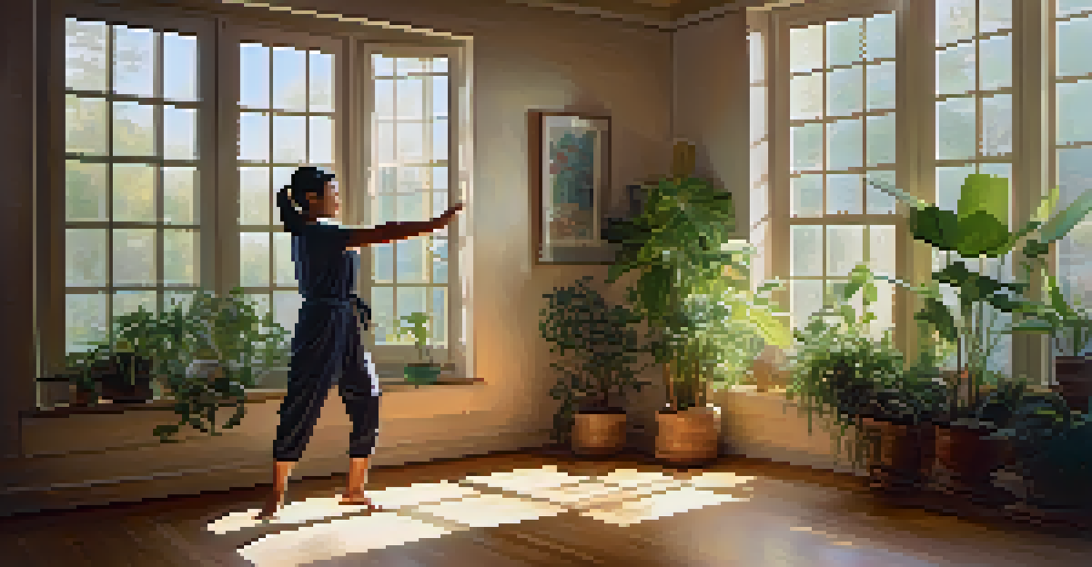 A person practicing tai chi in a sunlit room filled with plants and calming decor, with soft light filtering through a window.