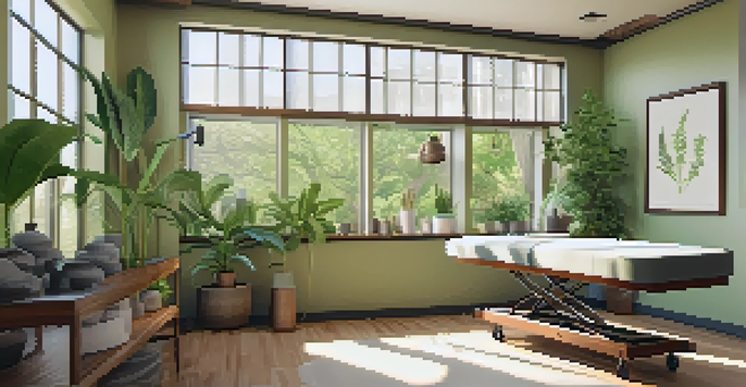 Interior of a naturopathic clinic with natural light, plants, and calming decor.