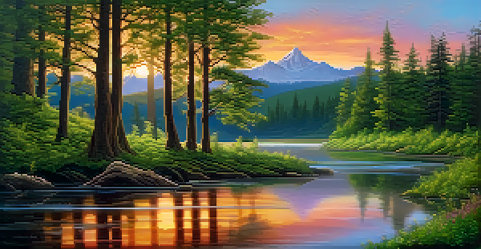 A peaceful landscape showcasing the Five Elements Theory with green forests, a sunset, fertile earth, metallic reflections, and a flowing river.
