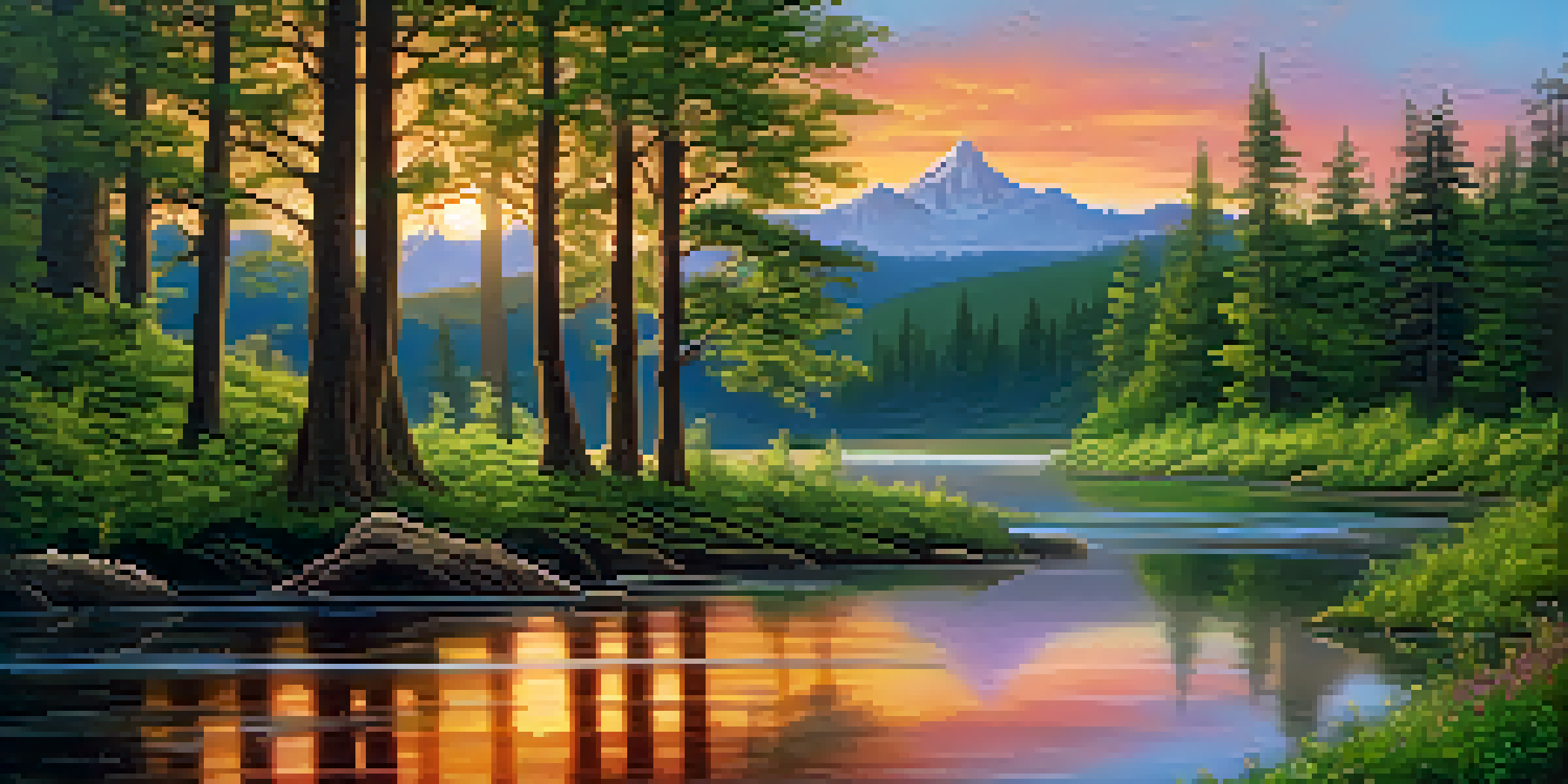 A peaceful landscape showcasing the Five Elements Theory with green forests, a sunset, fertile earth, metallic reflections, and a flowing river.