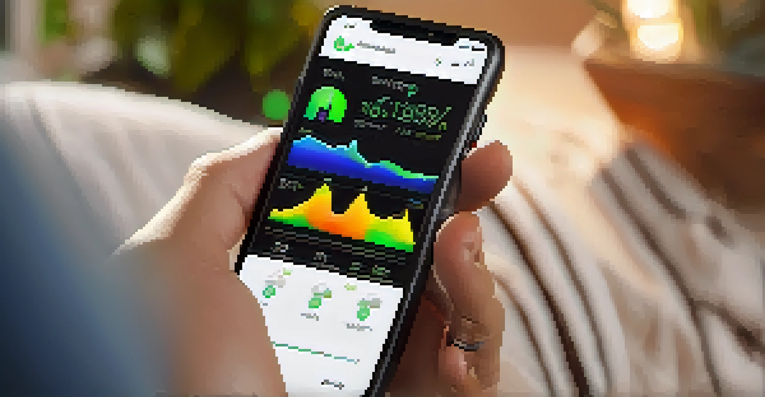 A hand holding a health tracking device displaying metrics, set against a cozy home backdrop.