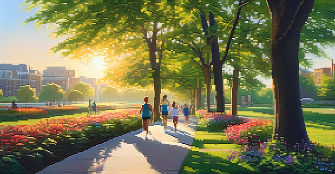 A peaceful urban park at sunset with people enjoying the nature along a winding path surrounded by trees and blooming flowers.