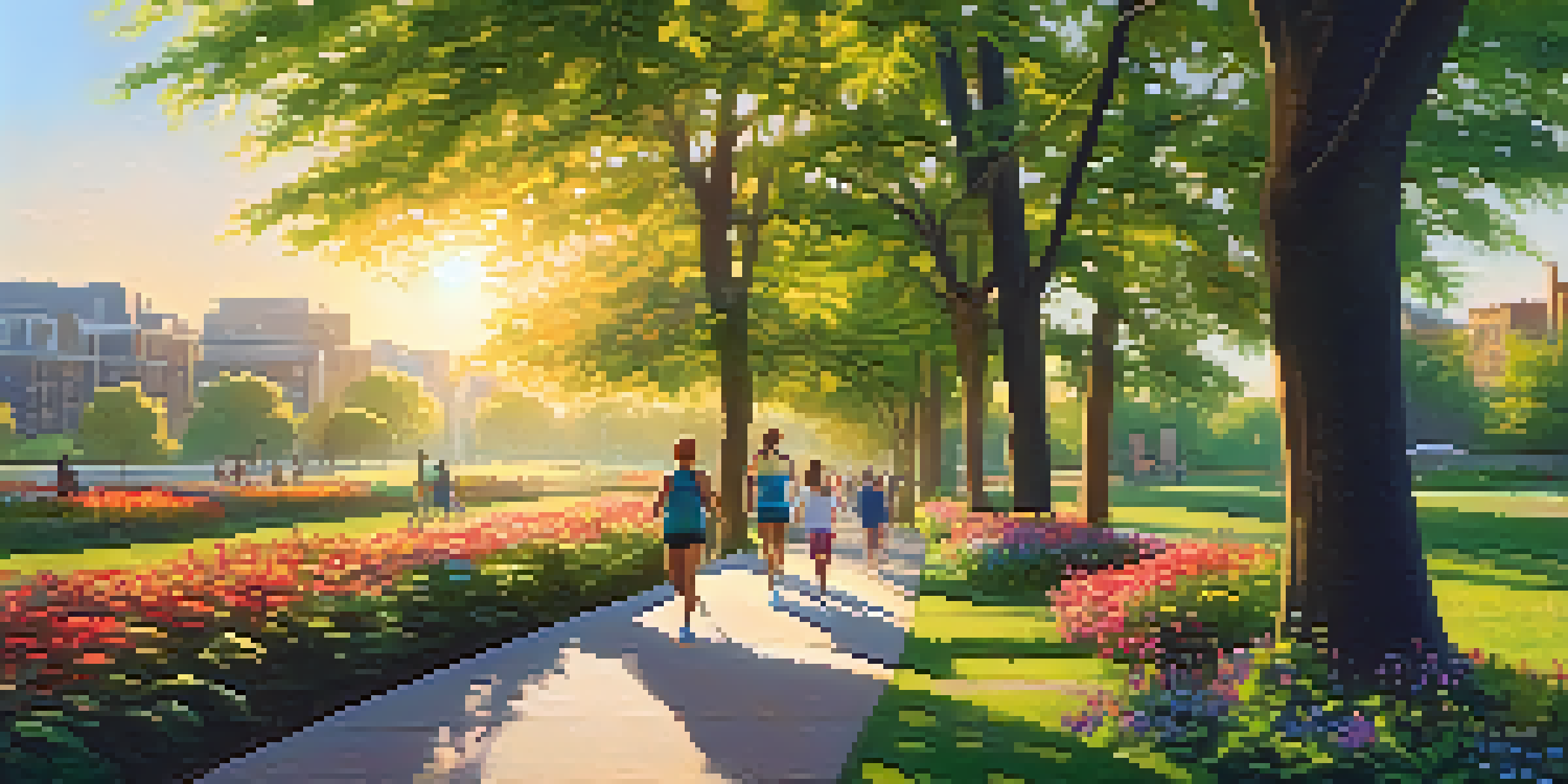 A peaceful urban park at sunset with people enjoying the nature along a winding path surrounded by trees and blooming flowers.