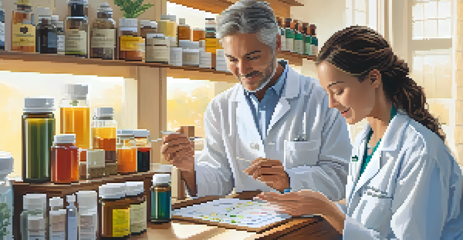 A naturopathic practitioner explaining homeopathic remedies to a patient in a bright clinic filled with herbs and supplements.