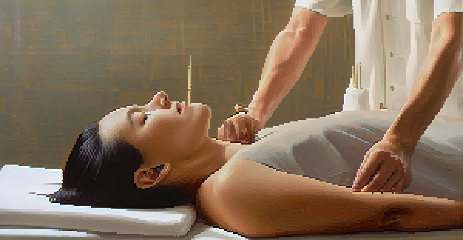 Close-up of a patient's back during an acupuncture session with fine needles placed along meridian points in a calming clinic.