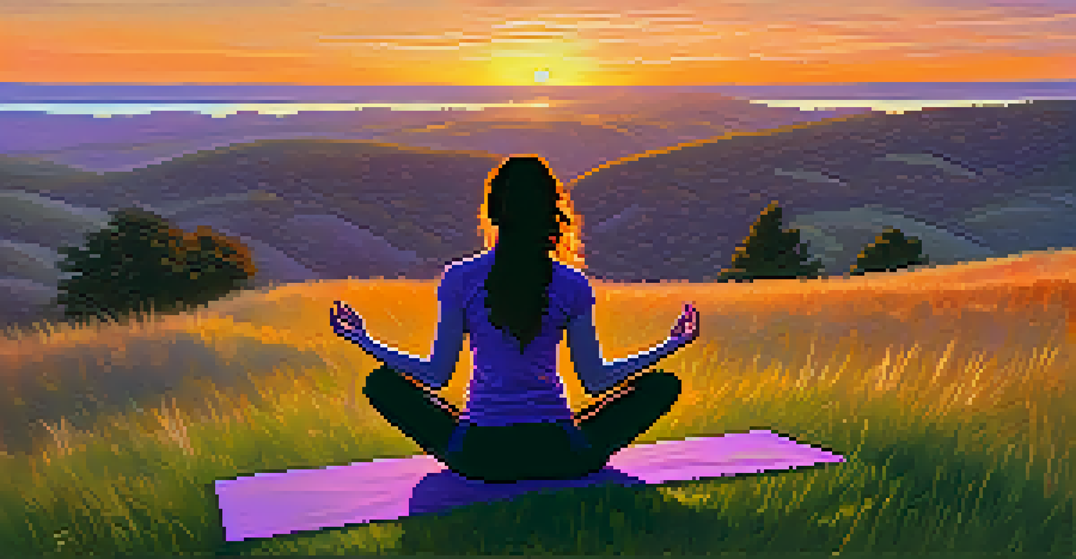 A person practicing yoga on a hill at sunset, surrounded by nature and vibrant skies.