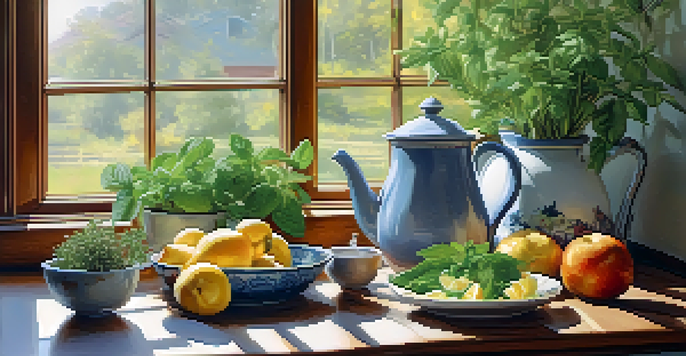 A bright and inviting kitchen filled with fresh fruits, vegetables, whole grains, and a teapot of herbal tea, illuminated by natural light.