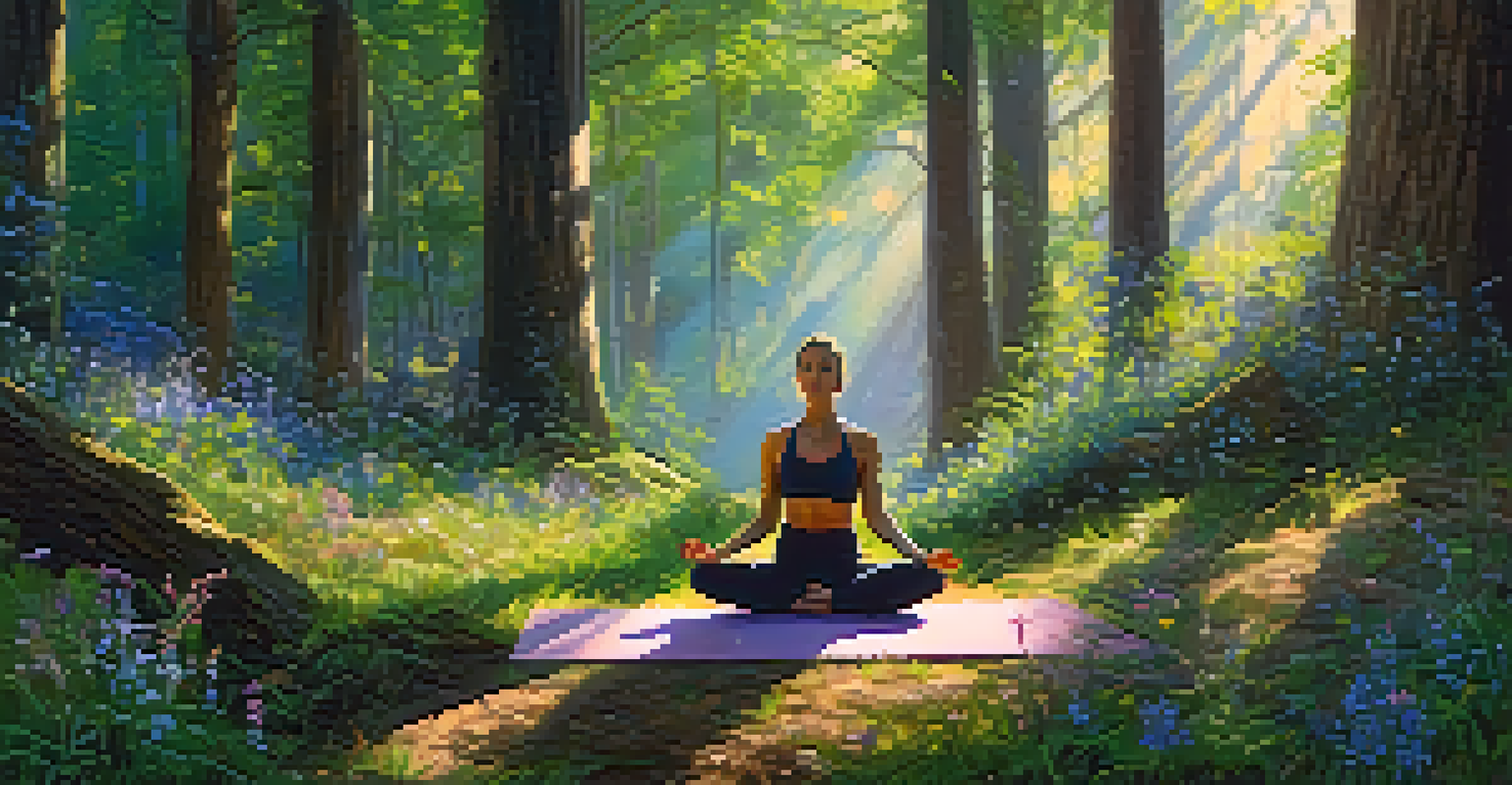 A person practicing yoga in a sunlit forest clearing surrounded by wildflowers.