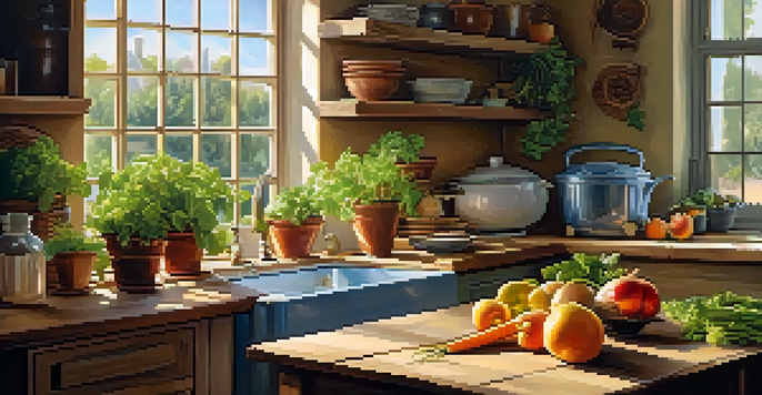 A bright kitchen with a wooden table displaying fresh fruits and vegetables, illuminated by sunlight.