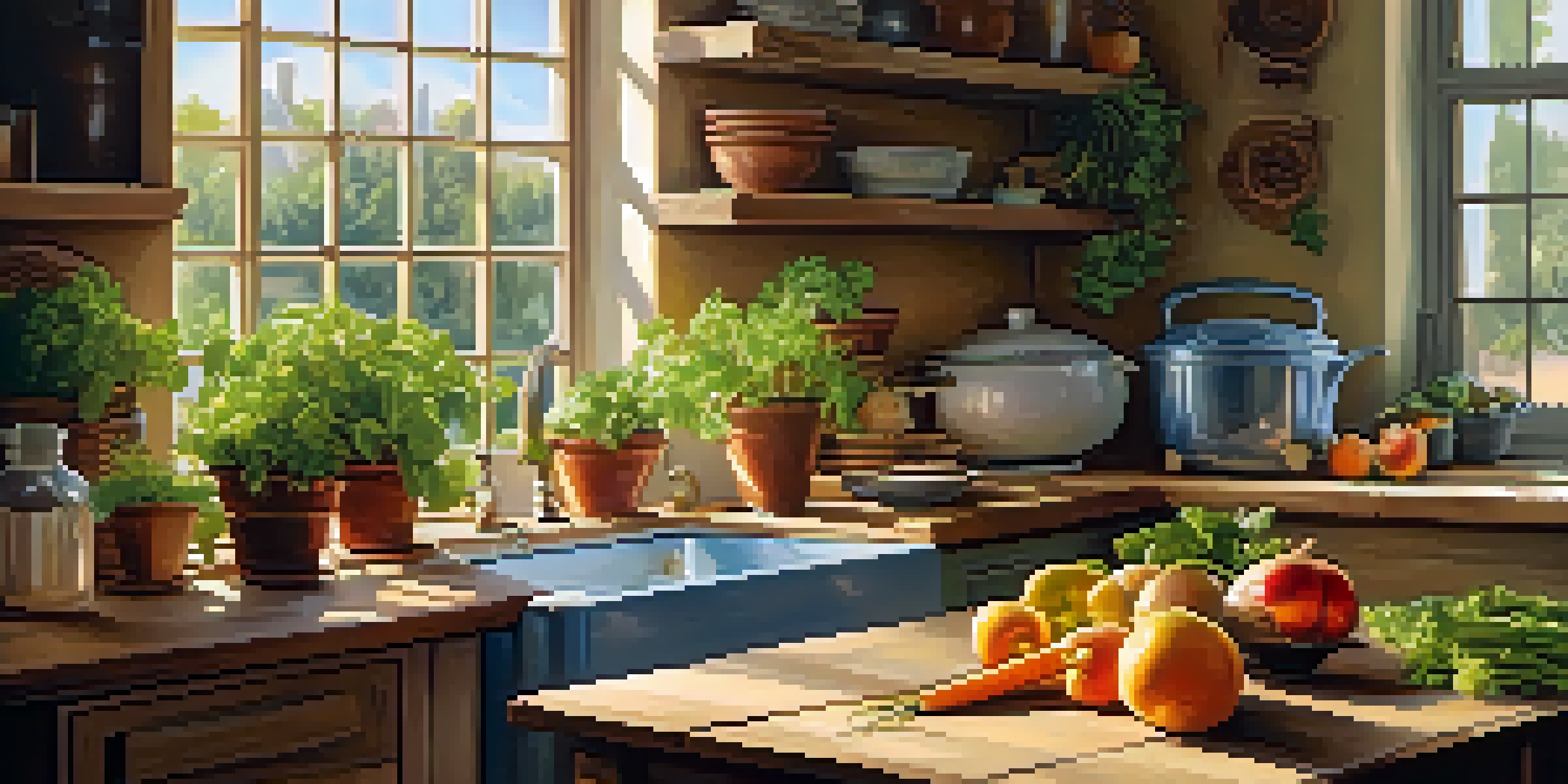 A bright kitchen with a wooden table displaying fresh fruits and vegetables, illuminated by sunlight.