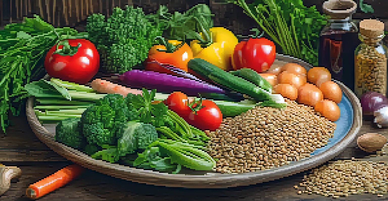 A colorful plate of fresh vegetables and whole grains on a rustic wooden table, symbolizing healthy eating.