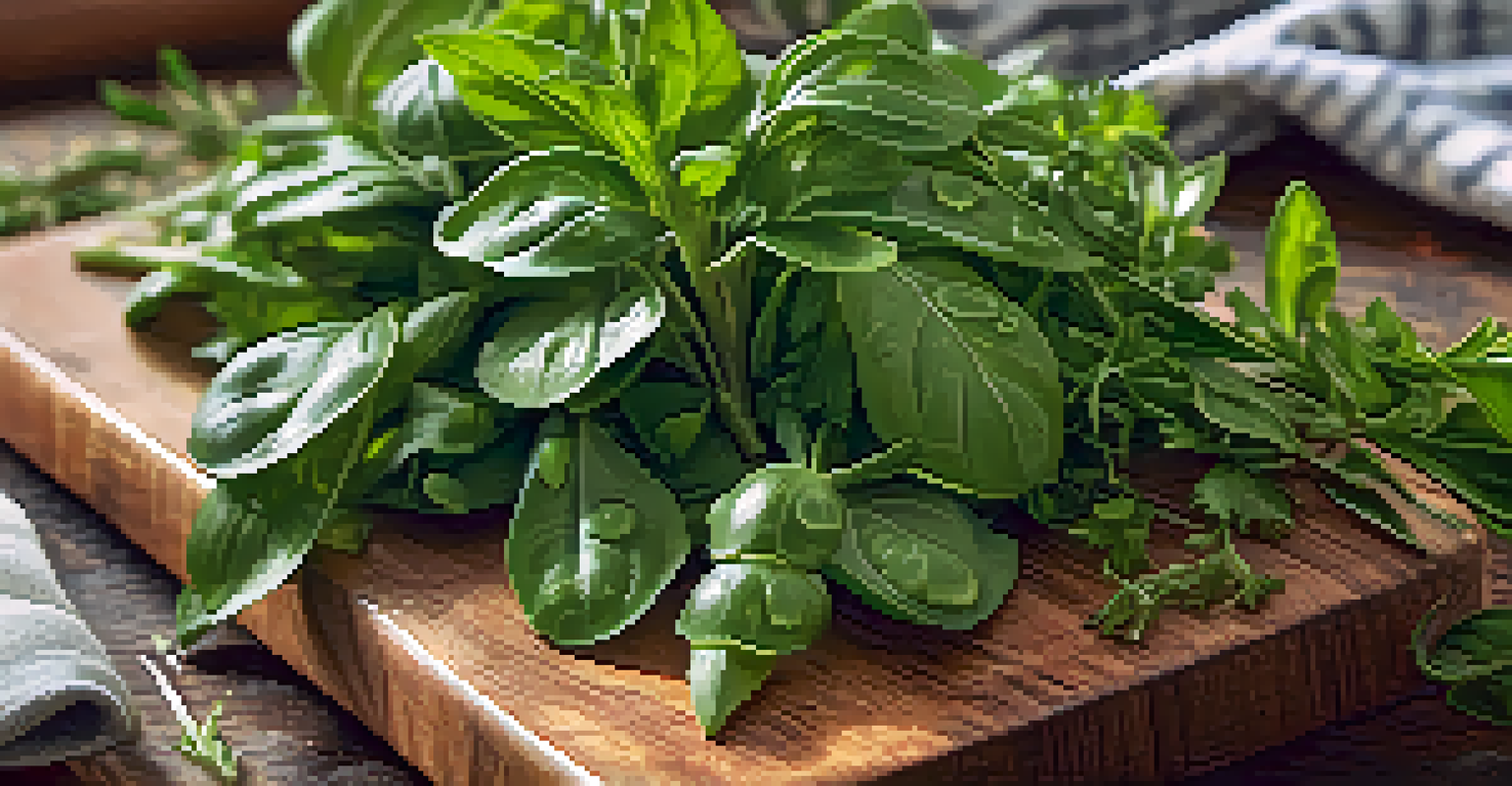 A close-up view of freshly harvested basil, cilantro, and rosemary on a wooden cutting board, with a cozy kitchen background.