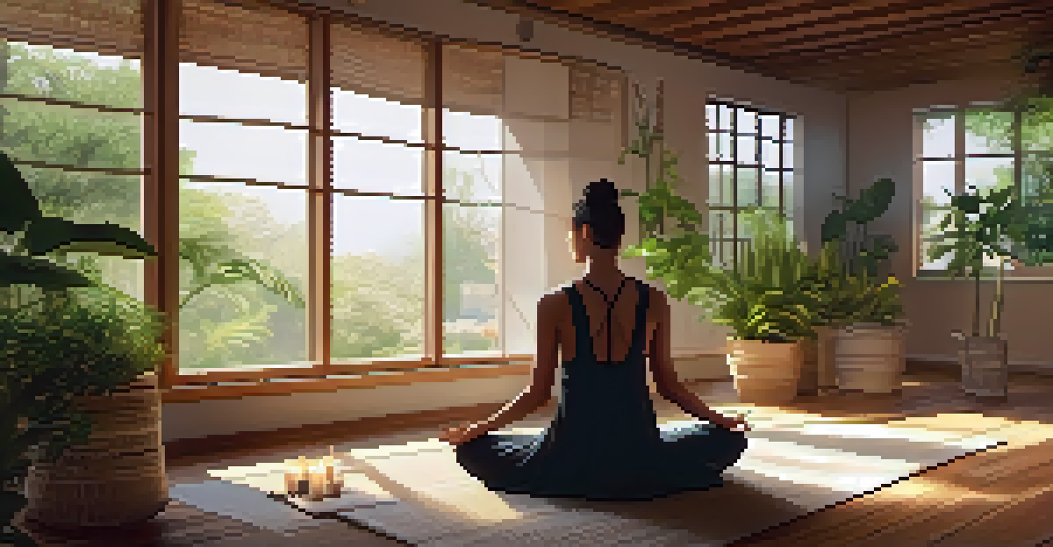 A tranquil meditation space with cushions, plants, and candles, where a person is meditating peacefully.