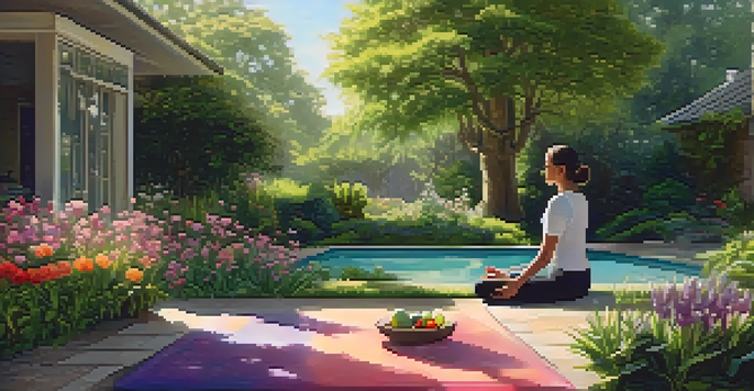 A person meditating on a yoga mat in a colorful garden filled with flowers and greenery, illuminated by soft morning light.