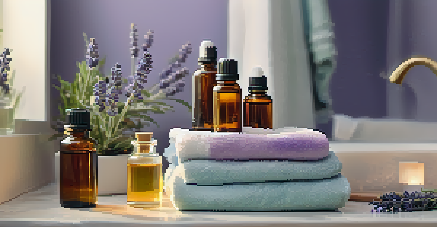 A beautiful arrangement of essential oils with a plant and candle on a bathroom counter, creating a relaxing atmosphere.