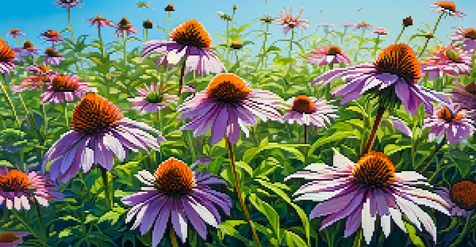 Vibrant purple echinacea flowers in a sunny garden with bees hovering around.