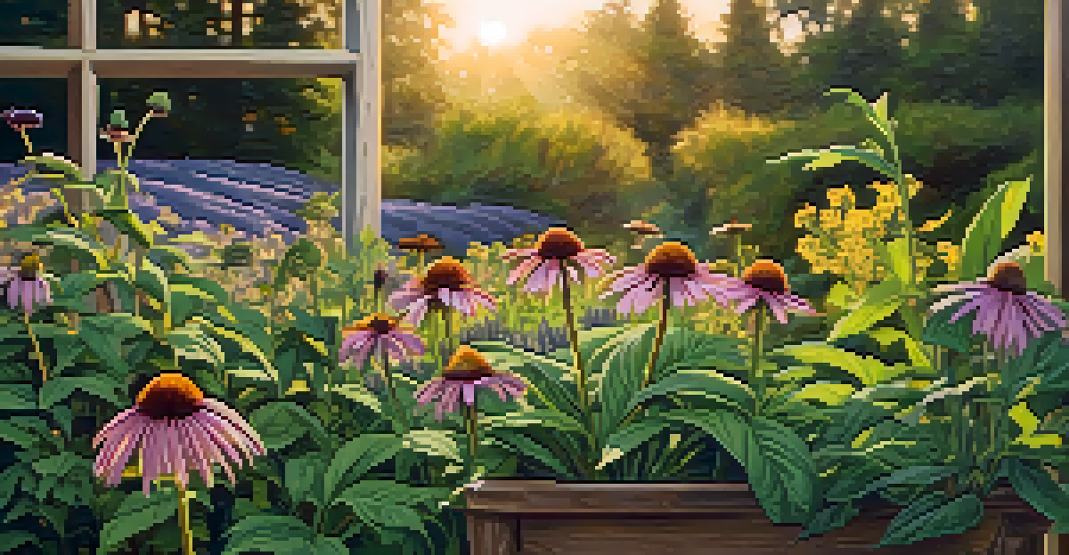 A colorful herbal garden with medicinal plants like echinacea and lavender, illuminated by sunlight, featuring a sign for herbal remedies.