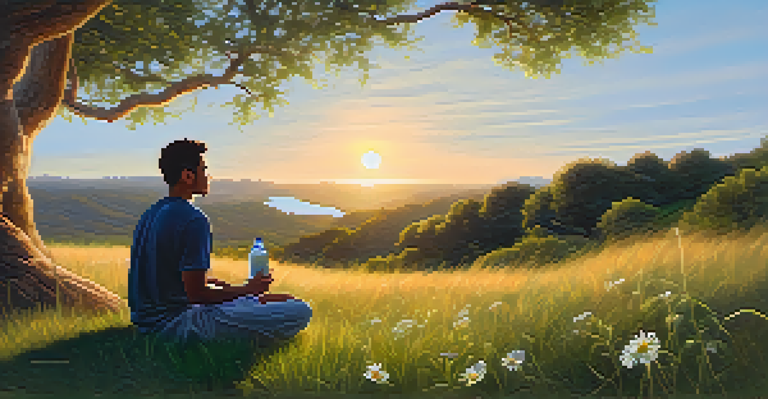 A peaceful outdoor scene of a person meditating on a hilltop during sunset, surrounded by nature with a water bottle nearby.