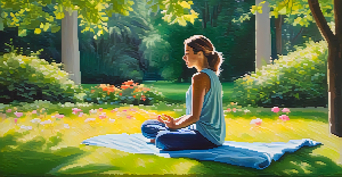 A person meditating in a green park, surrounded by trees and flowers, with sunlight filtering through the leaves.