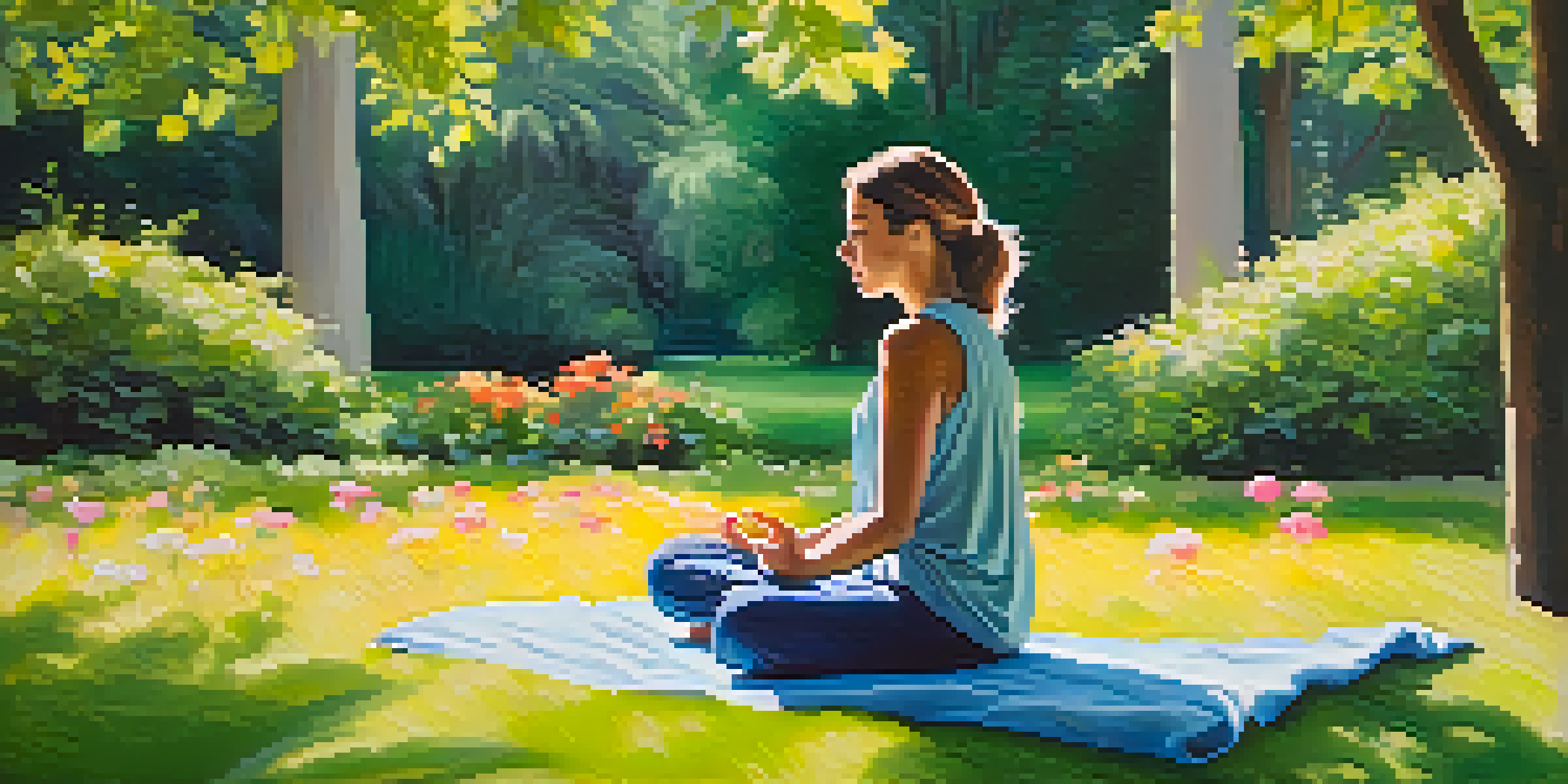 A person meditating in a green park, surrounded by trees and flowers, with sunlight filtering through the leaves.