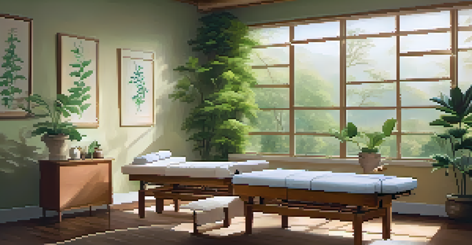 An athlete receiving acupuncture treatment in a calming, softly-lit room with nature-themed artwork.