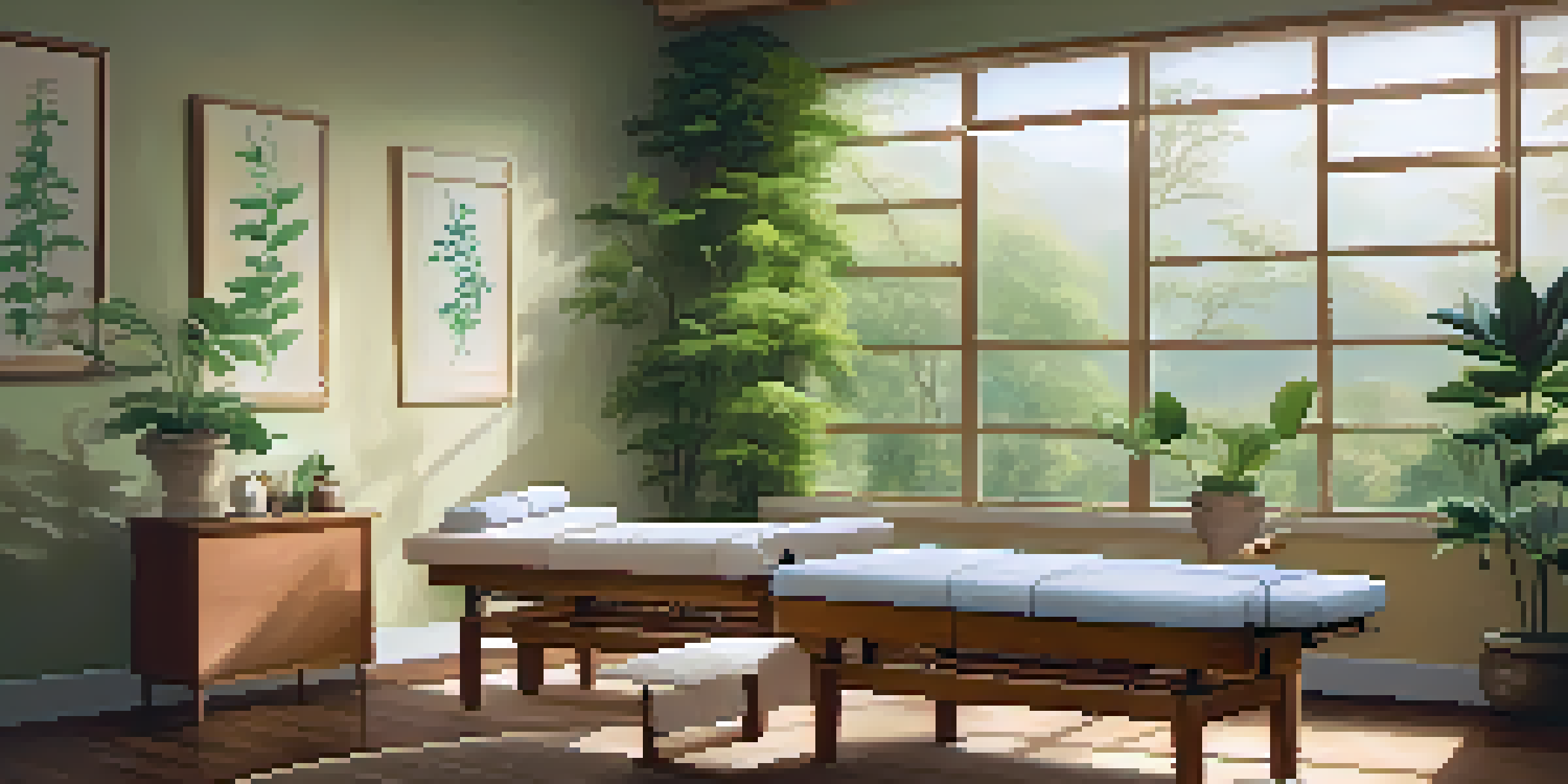 An athlete receiving acupuncture treatment in a calming, softly-lit room with nature-themed artwork.