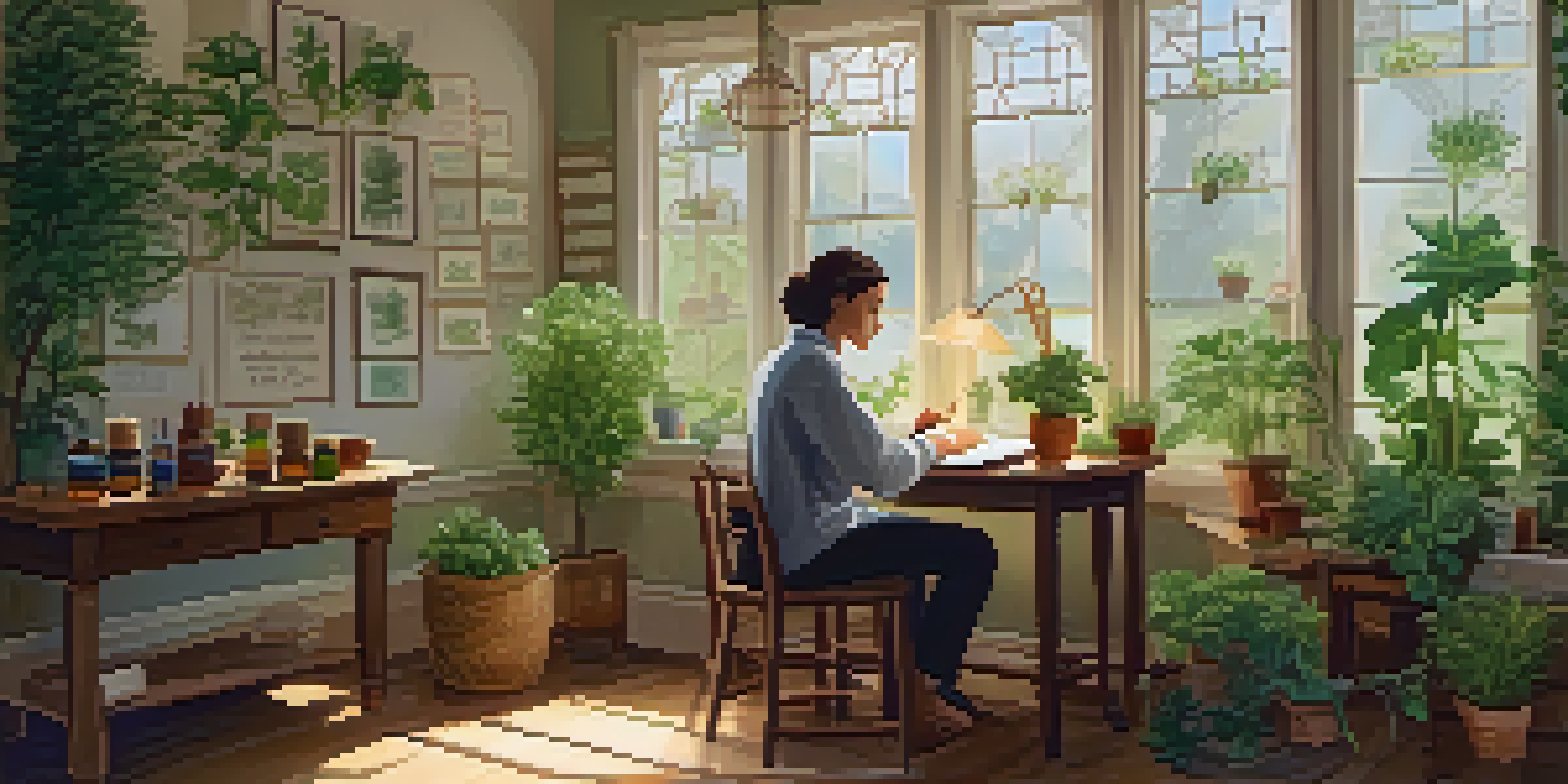 A cozy naturopathic consultation room where a friendly female naturopath discusses treatment with a young male patient, surrounded by plants and herbal remedies.
