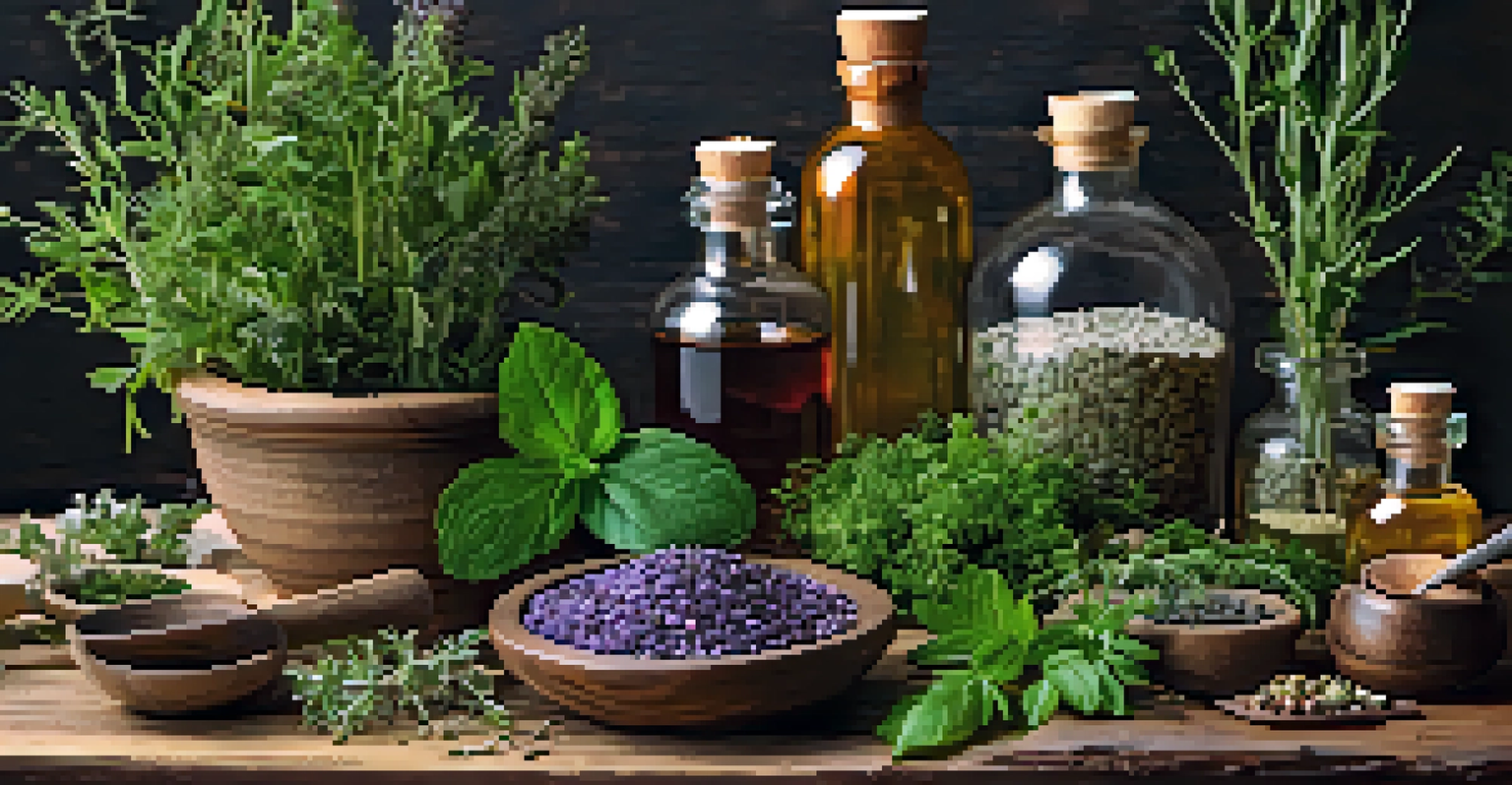An artistic arrangement of natural herbs and essential oils on a wooden table for naturopathy.