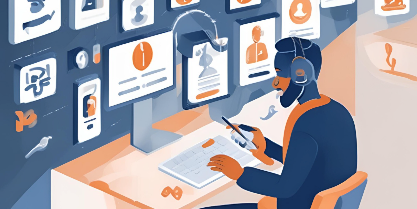 Illustration représentant l'utilisation des technologies d'assistance : une personne avec un casque audio navigue sur un ordinateur portable à l'aide d'un lecteur d'écran, avec de multiples icônes d'applications d'accessibilité visibles autour d'elle, symbolisant la diversité des outils disponibles.