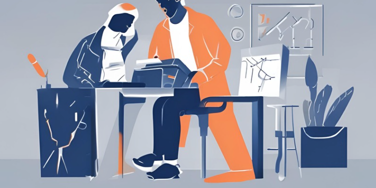 Deux collègues de backgrounds différents collaborent dans un bureau moderne, illustrant l'inclusion en milieu professionnel.