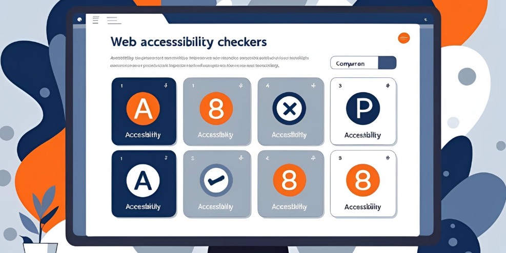 Interface web d'outils de vérification d'accessibilité avec 8 icônes sur écran d'ordinateur.