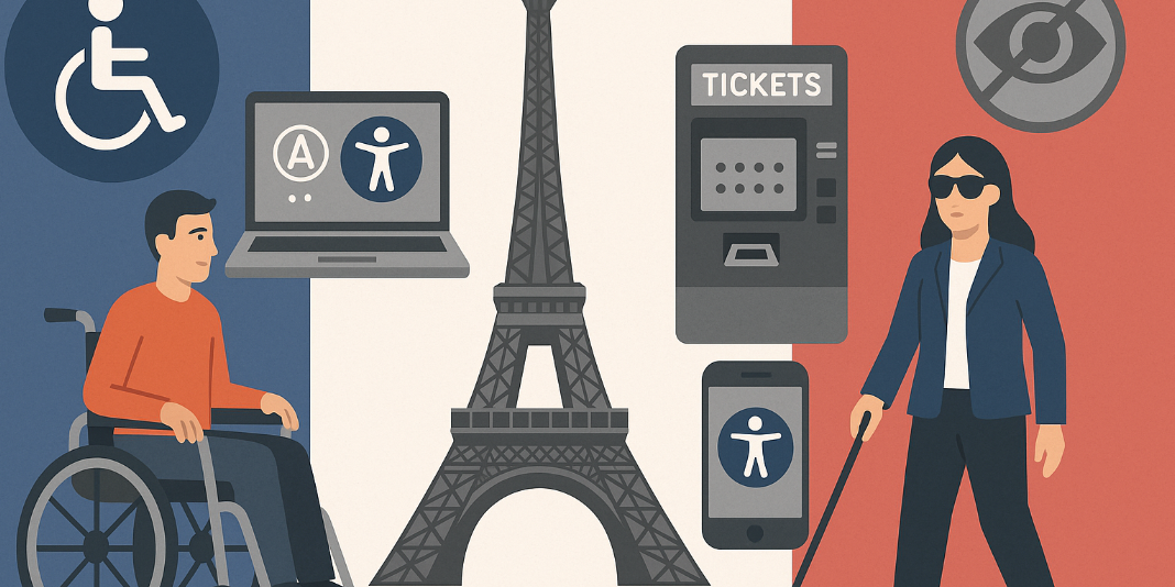 Illustration symbolizing France’s response to the European Accessibility Act, with the Eiffel Tower, accessibility icons, and assistive device users.