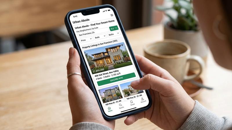 Real estate website on a phone showing searchable property listings with an enquire button on a listing